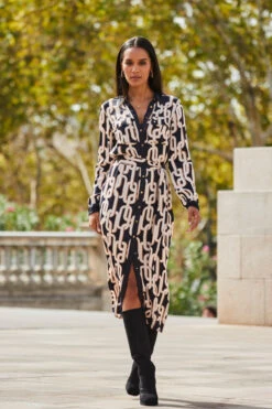 Black Chain Print Contrast Trim Belted Shirt Dress -Winter Fashion Shop web 2309 96 a23dw105bkge01 96 038