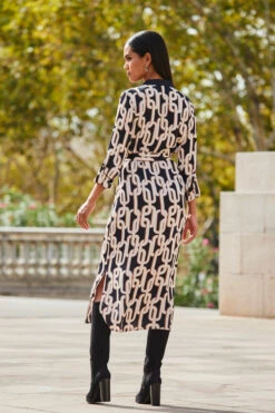 Black Chain Print Contrast Trim Belted Shirt Dress -Winter Fashion Shop web 2309 96 a23dw105bkge01 96 189