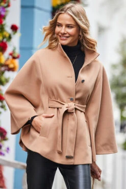 Camel Faux Wool Belted Cape Coat -Winter Fashion Shop web 2310 03 a23ow074be0040 a20tk008bk0001 s22bp003bk0001 03 109