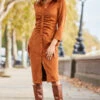 Tan Ruched Front Faux Suede Midi Shirt Dress -Winter Fashion Shop web 2310 10 a23dp019bn0004 10 064