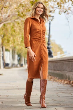 Tan Ruched Front Faux Suede Midi Shirt Dress -Winter Fashion Shop web 2310 10 a23dp019bn0004 10 126