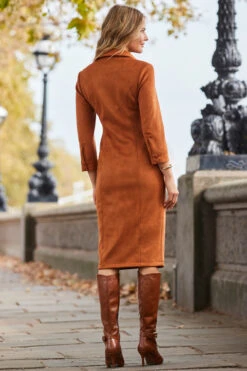 Tan Ruched Front Faux Suede Midi Shirt Dress -Winter Fashion Shop web 2310 10 a23dp019bn0004 10 236