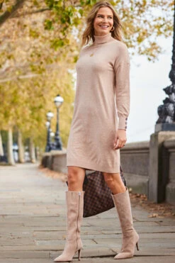 Cream Roll Neck Button Cuff Knitted Dress