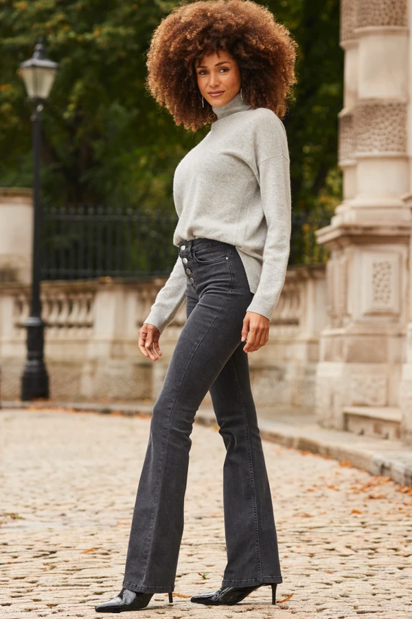 Charcoal Grey Button Front Kick Flare Jeans 7 Charcoal Grey Button Front Kick Flare Jeans - Image 5