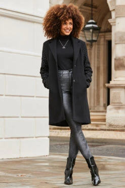 Black Stud Sleeve Detail Formal Coat -Winter Fashion Shop web 2310 26 a23ow022bk0001 a23bd013mc0011 26 133 rt