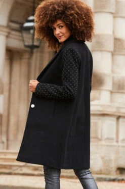 Black Stud Sleeve Detail Formal Coat -Winter Fashion Shop web 2310 26 a23ow022bk0001 a23bd013mc0011 26 251