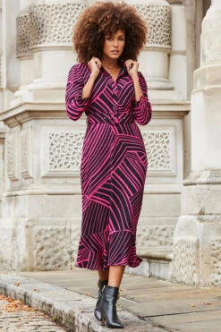 Pink & Black Geometric Print Belted Midi Dress -Winter Fashion Shop web 2310 30 a23dw039pkge01 30 100