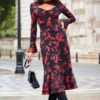 Black & Red Baroque Print Keyhole Detail Ruched Front Midi Jersey Dress -Winter Fashion Shop web 2310 38 a23dj113rdcv01 a23ol008bk0001 38 010