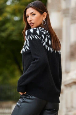 Black & White Embellished Fair Isle Jumper -Winter Fashion Shop web 2310 40 a23tk113bk0001 s23bp001bk0001 40 101