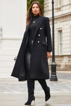 Black Double Breasted Longline Wool Coat