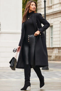 Black Double Breasted Longline Wool Coat -Winter Fashion Shop web 2310 45 a23ow026bk0001 a23bp013bk0001 45 051