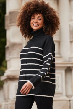 Black & Ivory Stripe Roll Neck Jumper -Winter Fashion Shop web 2310 50 a22tk581bknl01 s23bd010bk0001 50 048