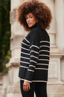 Black & Ivory Stripe Roll Neck Jumper -Winter Fashion Shop web 2310 50 a22tk581bknl01 s23bd010bk0001 50 104