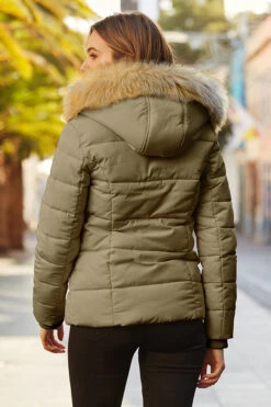 Khaki Green Faux Fur Trim Luxe Padded Coat With Silver Zip Pockets 13 Khaki Green Faux Fur Trim Luxe Padded Coat With Silver Zip Pockets -Winter Fashion Shop web 23 s20ow012we 145 khaki rt