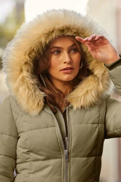 Khaki Green Faux Fur Trim Luxe Padded Coat With Silver Zip Pockets 14 Khaki Green Faux Fur Trim Luxe Padded Coat With Silver Zip Pockets -Winter Fashion Shop web 23 s20ow012we 163 khaki rt