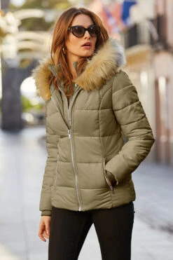 Khaki Green Faux Fur Trim Luxe Padded Coat With Silver Zip Pockets 12 Khaki Green Faux Fur Trim Luxe Padded Coat With Silver Zip Pockets -Winter Fashion Shop web 23 s20ow012we 188 khaki rt