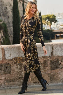 Black & Gold Baroque Print Midi Shirt Jersey Dress