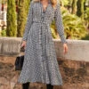 Black & White Dogtooth Print Midi Shirt Dress With Belt