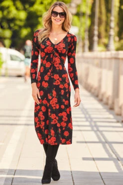 Black & Red Floral Print Ruched Front V Neck Midi Jersey Dress