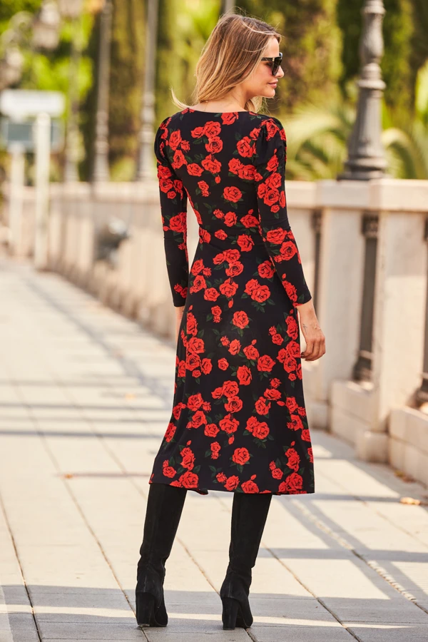 Black & Red Floral Print Ruched Front V Neck Midi Jersey Dress 5 Black & Red Floral Print Ruched Front V Neck Midi Jersey Dress - Image 3