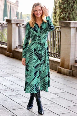 Green & Black Geometric Print Midi Shirt Dress With Belt