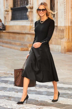 Black Leather Look Panelled A-Line Midi Skirt