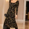 Black & Gold Chain Print Square Neck Midi Jersey Dress -Winter Fashion Shop web 35 s21dj106bkcv01 029
