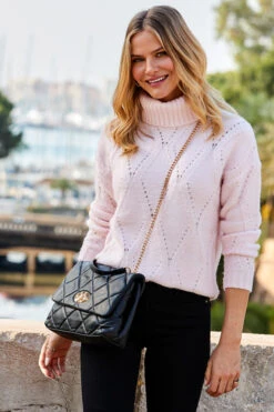 Soft Pink Roll Neck Pointelle Jumper