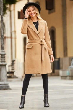 Camel Belted Wool Mix Coat With Pockets -Winter Fashion Shop web 39 s22ow085bn a20bd095bk 139