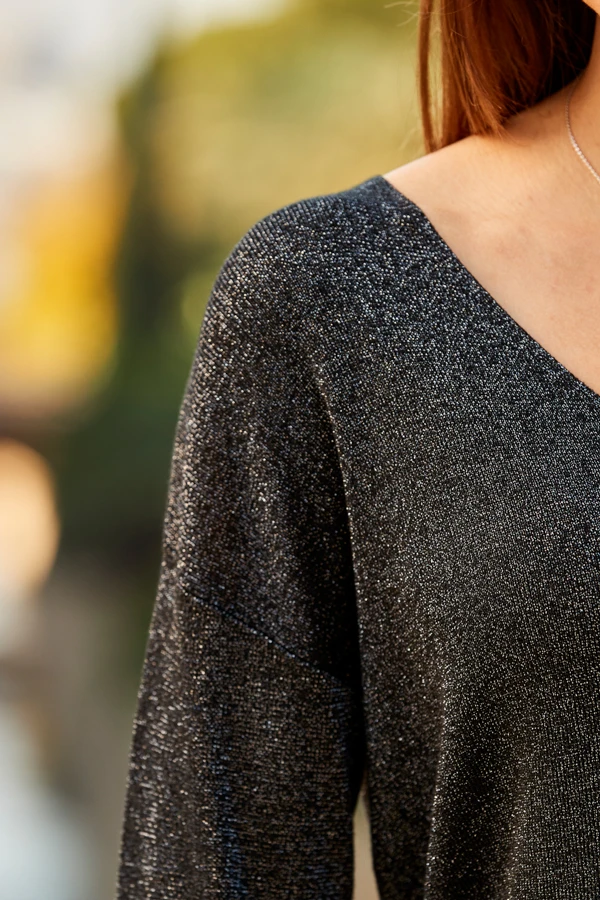 Black Metallic Sparkle Knit V Neck Jumper 7 Black Metallic Sparkle Knit V Neck Jumper - Image 5
