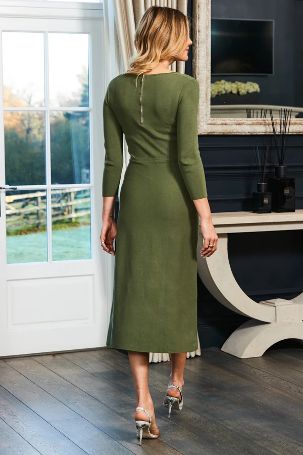 Khaki Green Sculpting Detail Fit & Flare Knitted Dress 5 Khaki Green Sculpting Detail Fit & Flare Knitted Dress - Image 3