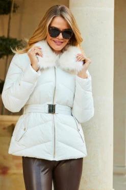 Ivory Faux Fur Collar Padded Coat