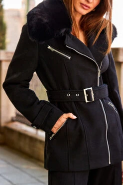 Black Wool Mix Coat With Faux Fur Collar -Winter Fashion Shop web 46 s20tj265pima01 a20ow020bk0001 140