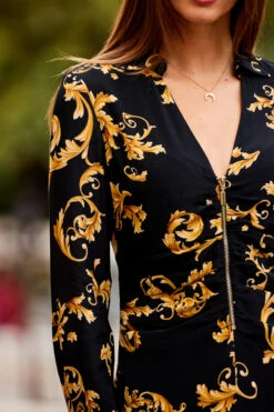 Black & Gold Baroque Print Zip Front Dress -Winter Fashion Shop web 51 a22dw074bkcv01 093