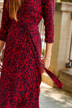 Red Animal Print Ruched Sleeve Midi Wrap Dress -Winter Fashion Shop web 52 a22dw031rdan01 192 1