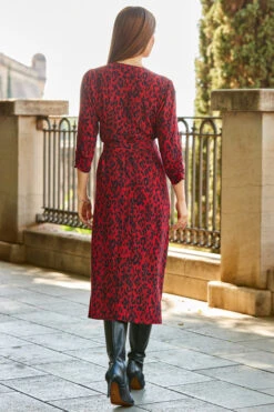 Red Animal Print Ruched Sleeve Midi Wrap Dress -Winter Fashion Shop web 52 a22dw031rdan01 221 1
