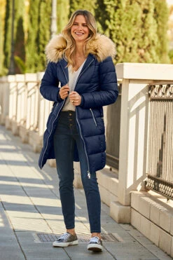 Navy Blue Faux Fur Trim Luxe Longline Padded Coat -Winter Fashion Shop web 58 s22ow009be 044 navy rt2