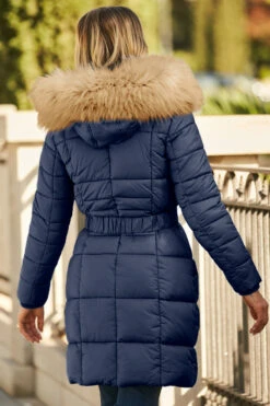 Navy Blue Faux Fur Trim Luxe Longline Padded Coat -Winter Fashion Shop web 58 s22ow009be 136 navy rt2