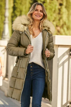 Khaki Faux Fur Trim Luxe Longline Padded Coat