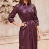 Burgundy Shirred Waist Popper Front Shirt Dress -Winter Fashion Shop web 58 s23dp009rd0004 163