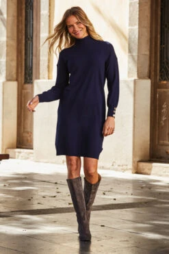 Navy Blue Roll Neck Button Cuff Knitted Dress -Winter Fashion Shop web 69 s22dk700be 004