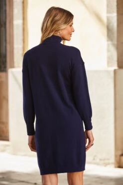 Navy Blue Roll Neck Button Cuff Knitted Dress -Winter Fashion Shop web 69 s22dk700be 089