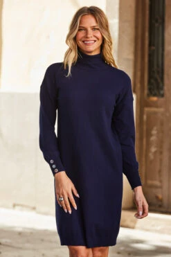 Navy Blue Roll Neck Button Cuff Knitted Dress -Winter Fashion Shop web 69 s22dk700be 115