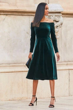 Emerald Green Velvet Embellished Sleeve Bardot Dress -Winter Fashion Shop web 77 a21dv019 002 green rt