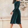 Emerald Green Velvet Embellished Sleeve Bardot Dress
