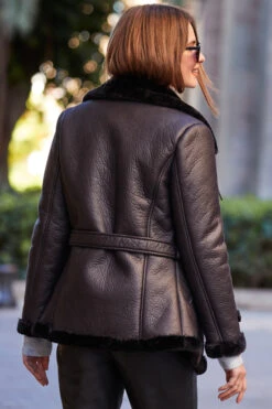 Black Faux Shearling Belted Biker Jacket -Winter Fashion Shop web 77 a22op004bk0001 s23tk603be0027 471