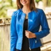 Cobalt Blue Zip Front Round Neck Leather Jacket -Winter Fashion Shop web 85 s21ol004be0001 a22bd023bk0001 086