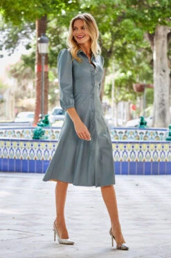Soft Blue Faux Leather Popper Front Shirt Dress
