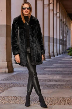 Black Premium Faux Fur Coat With Pockets -Winter Fashion Shop web 88 a19of011bk0001 a20tk008bk0001 066