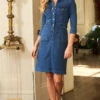 Indigo Popper Front 3/4 Sleeve Stretch Denim Dress -Winter Fashion Shop web a18ds101io 67242